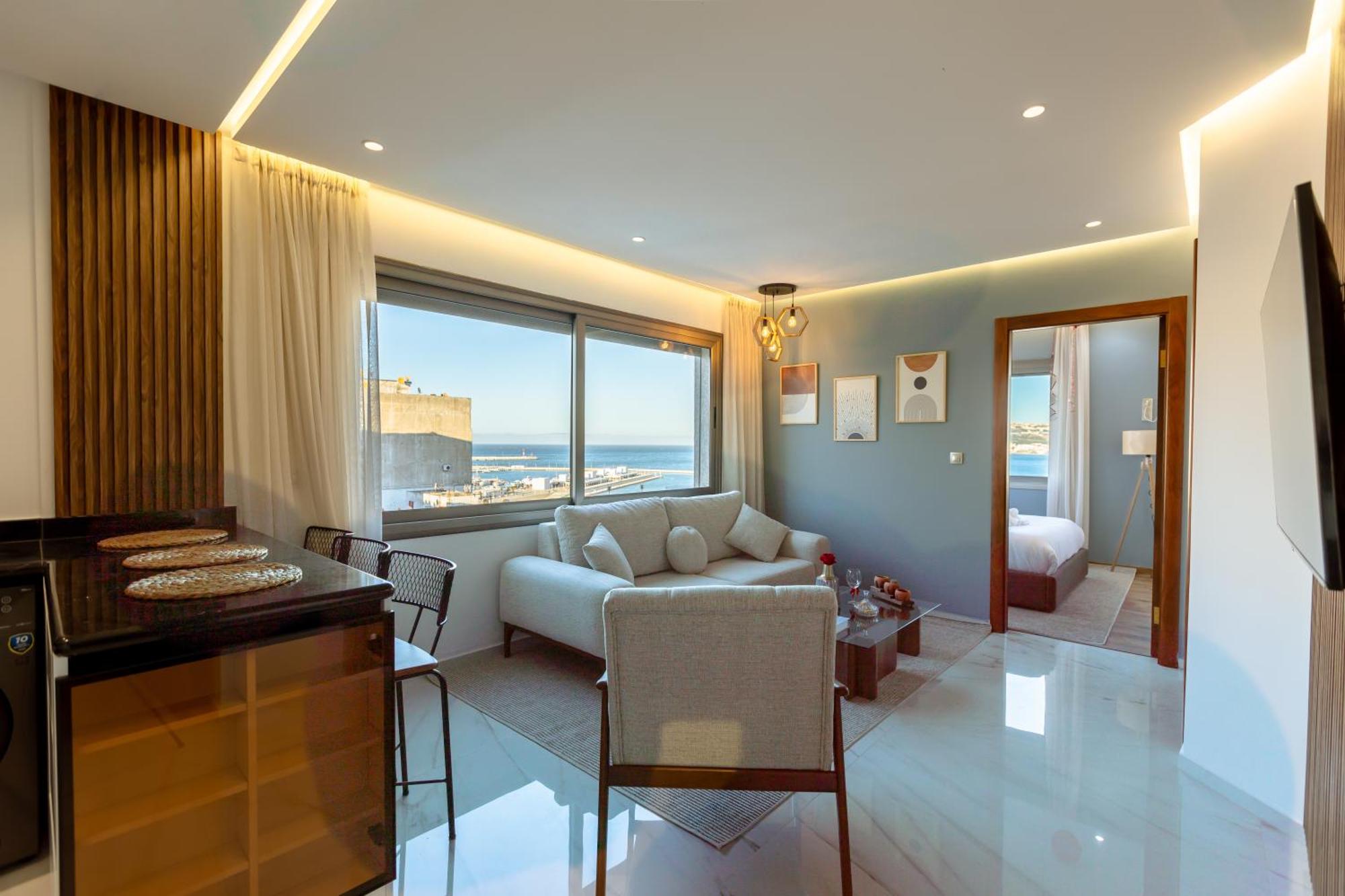 Marina View Residence Luxurious Studio Retreat With Stunning Ocean Views 1 Double Bedroom, 1 Convertible Couch Tanger Exterior foto
